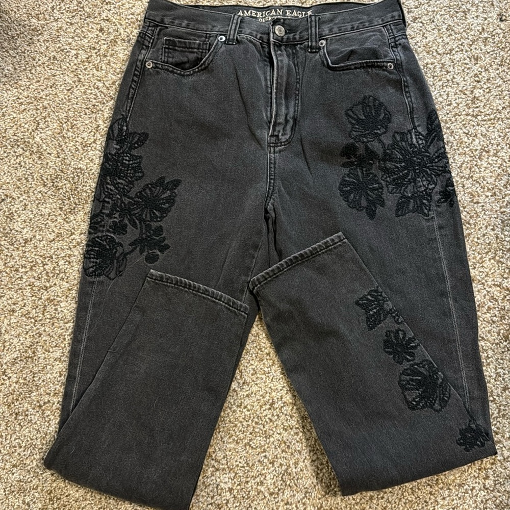 Black floral, American Eagle jeans
